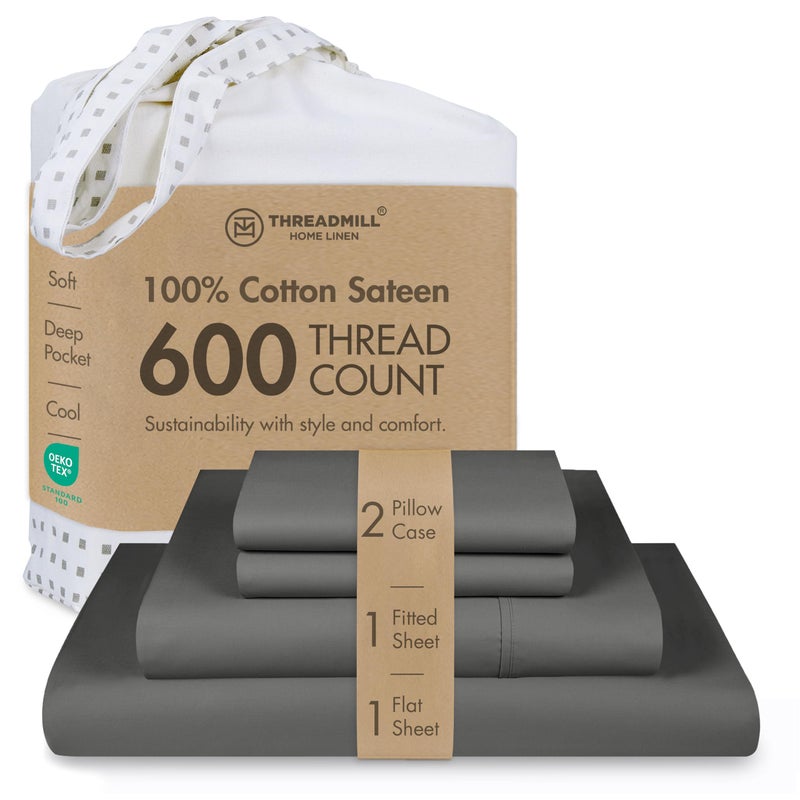 Threadmill 100% Cotton Sheets for King Size Bed - 600 Thread Count King Bed Sheets Set with 16â€ Deep Pocket - Sateen Weave 4-Piece Bedding Set with Cooling Effect, Dark Grey - Image 1